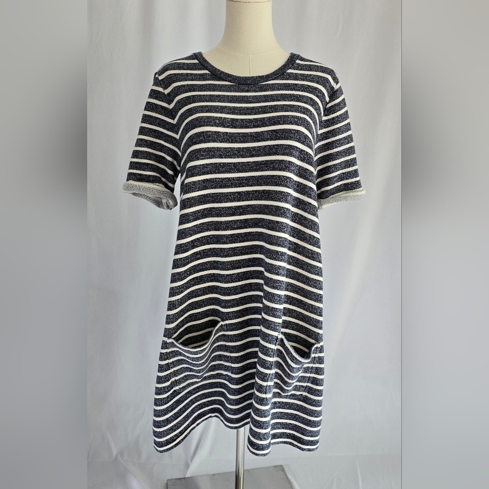 French Connection Cotton Striped Tee Mini Rolled Sleeves Front Pocket Navy Sz. 6